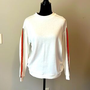White long sleeved sweatshirt with orange and blue stripe down sleeves!
